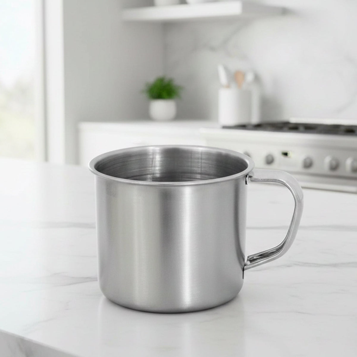 Steel drinking mug designed for home, camping, and travel utility