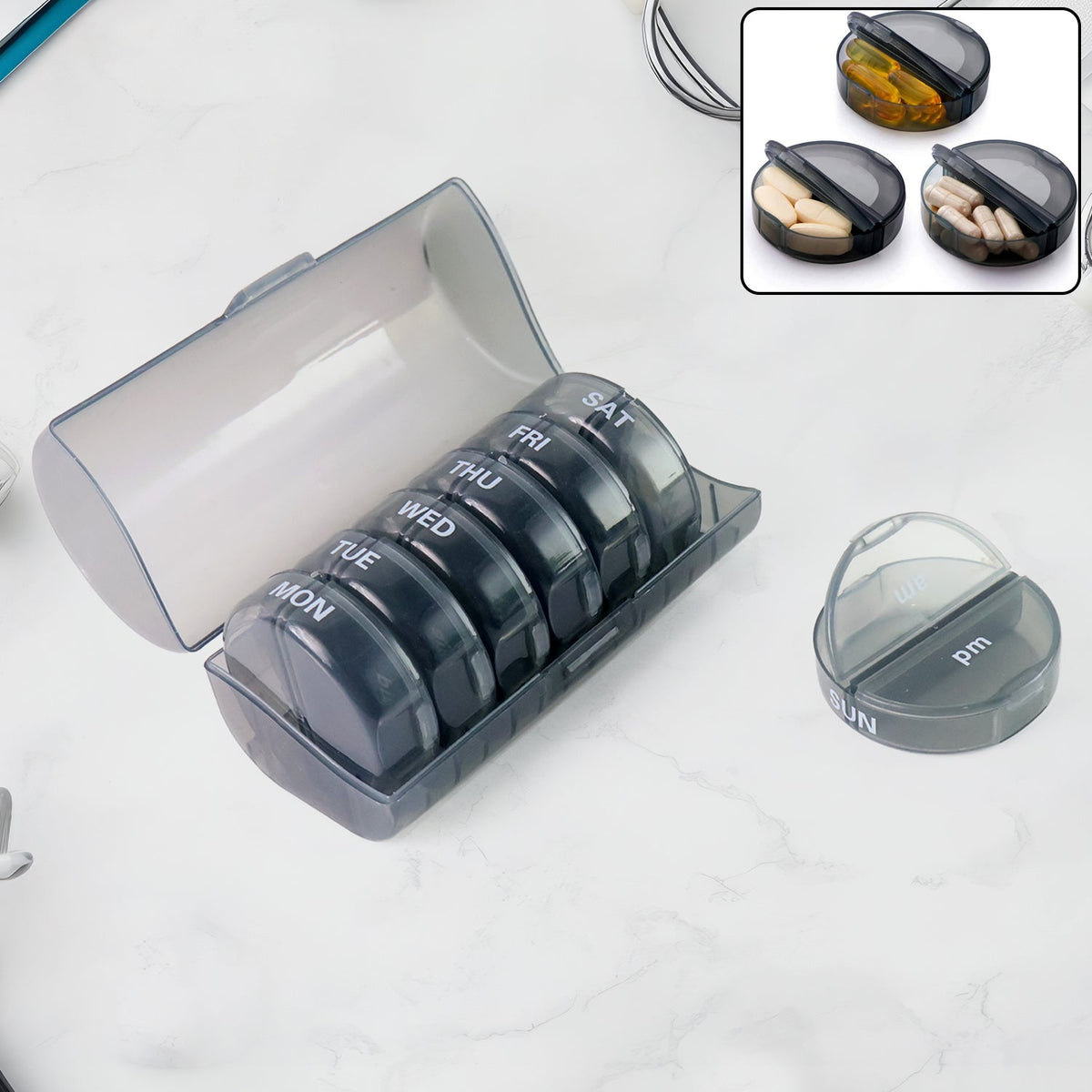 FERVENT Weekly Pill Organizer with 7 rainbow-colored daily boxes inside a clear case.