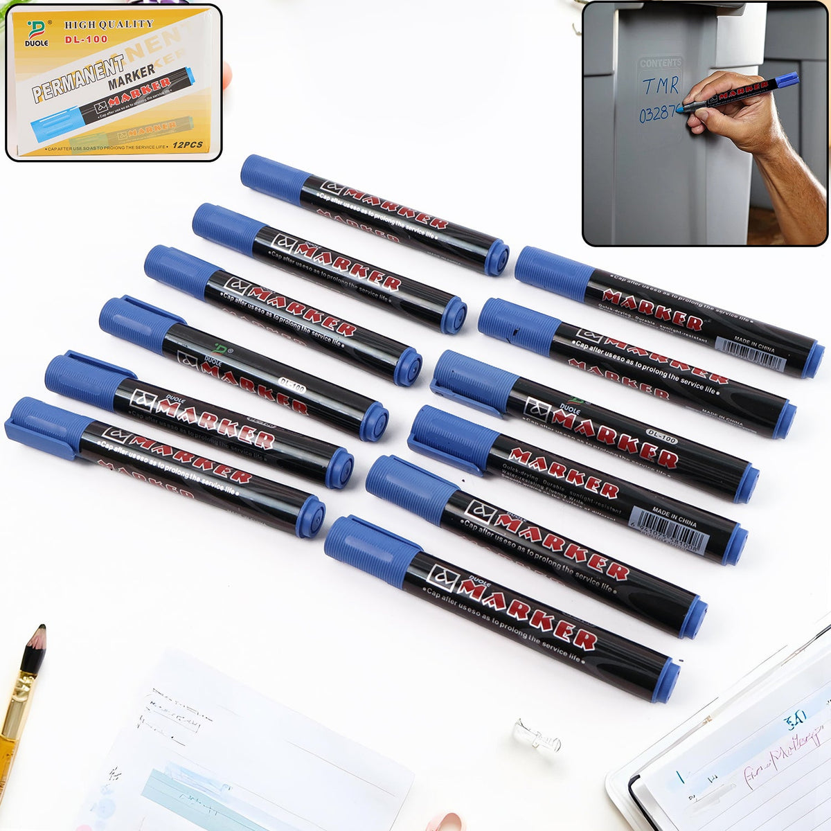 Permanent blue marker pens pack showing 12 vibrant pens