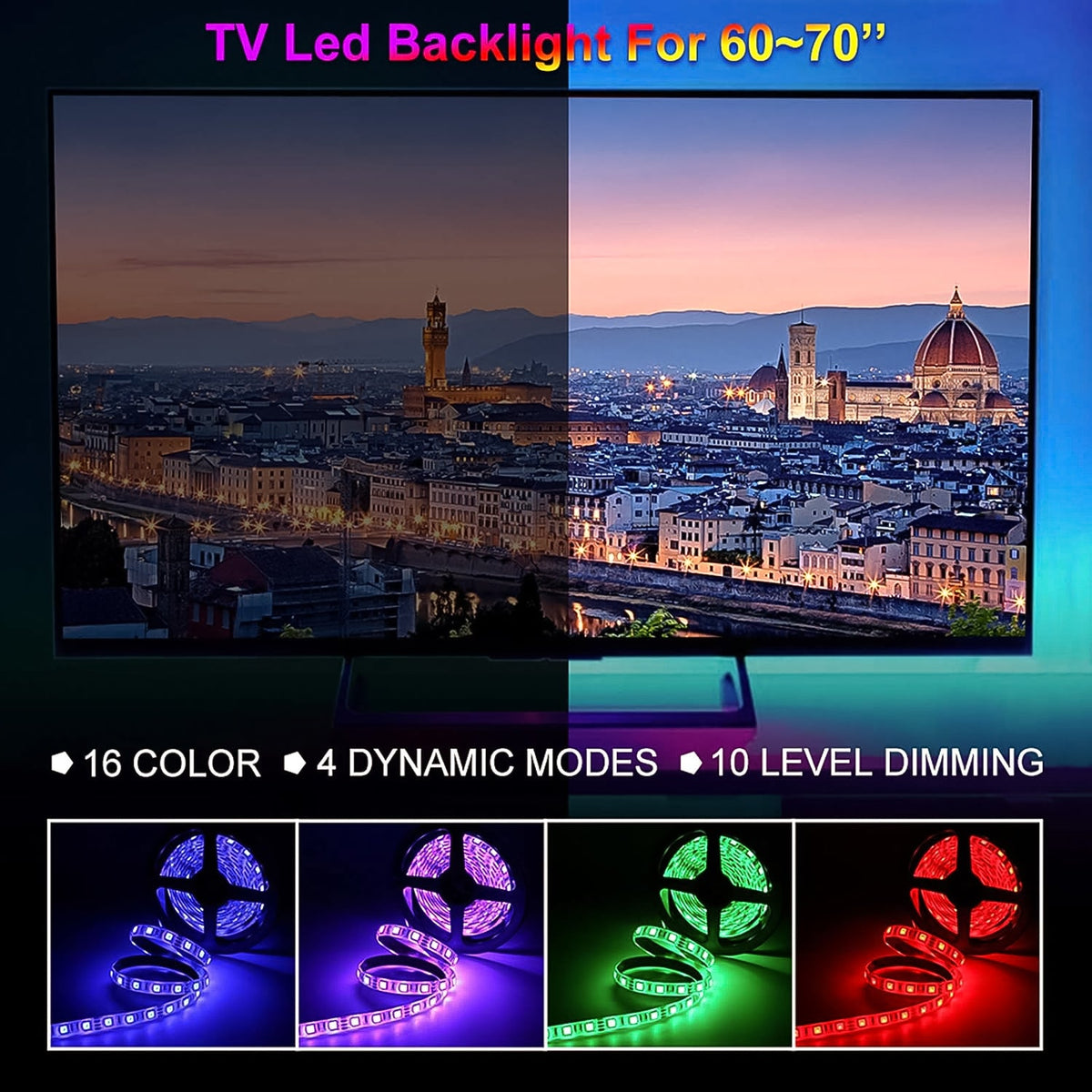 Flexible RGB LED strip lights installed under a bed, providing ambient glow.
