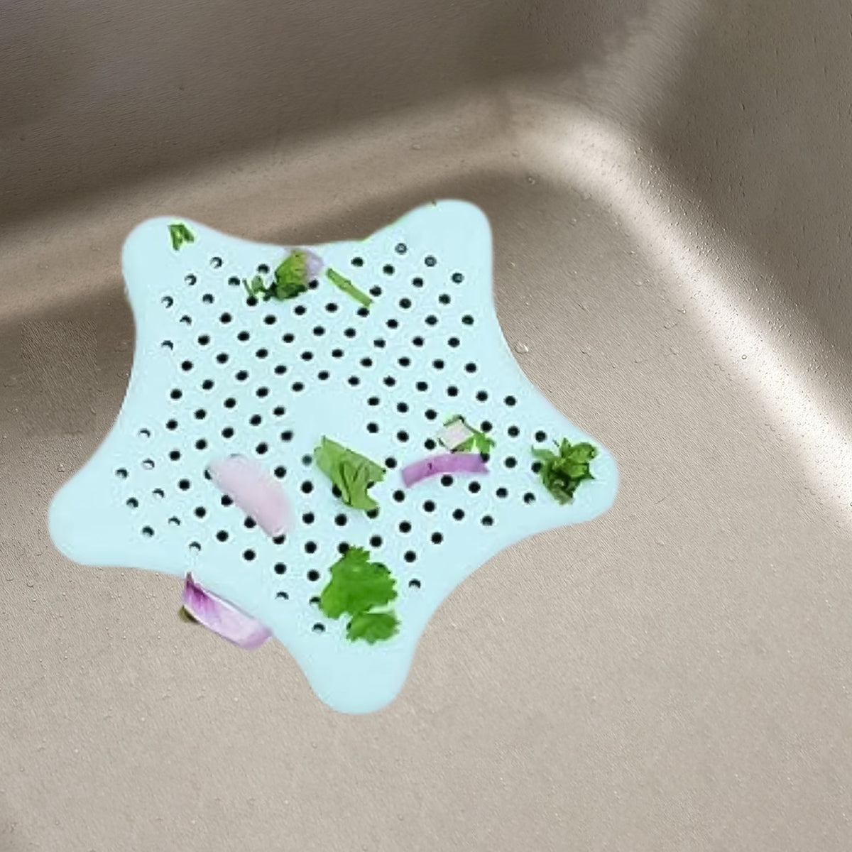 Practical silicone hair catcher placed perfectly over a bathroom sink drain.