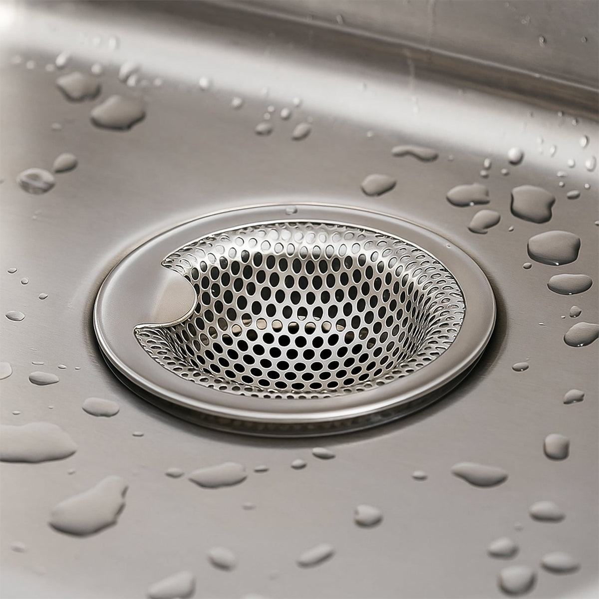 Stainless steel catcher strainer placed in kitchen sink drain opening