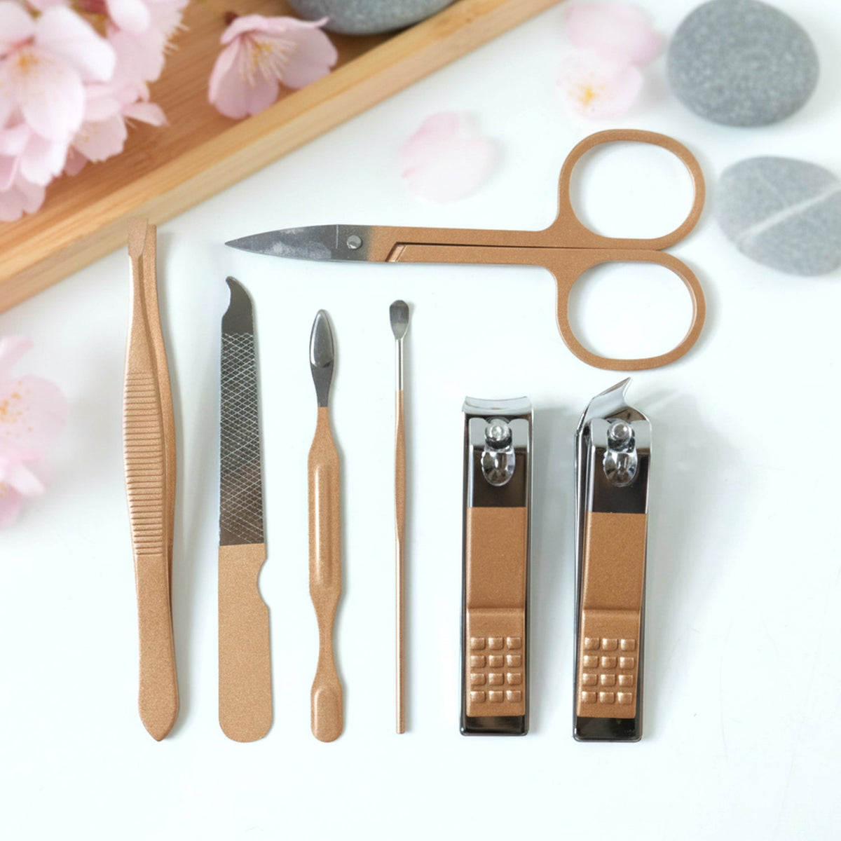 Manicure kit tools arranged for personal nail and eyebrow grooming