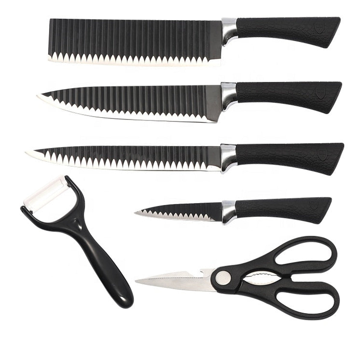 Elegant presentation of the stainless steel knife set with included peeler.