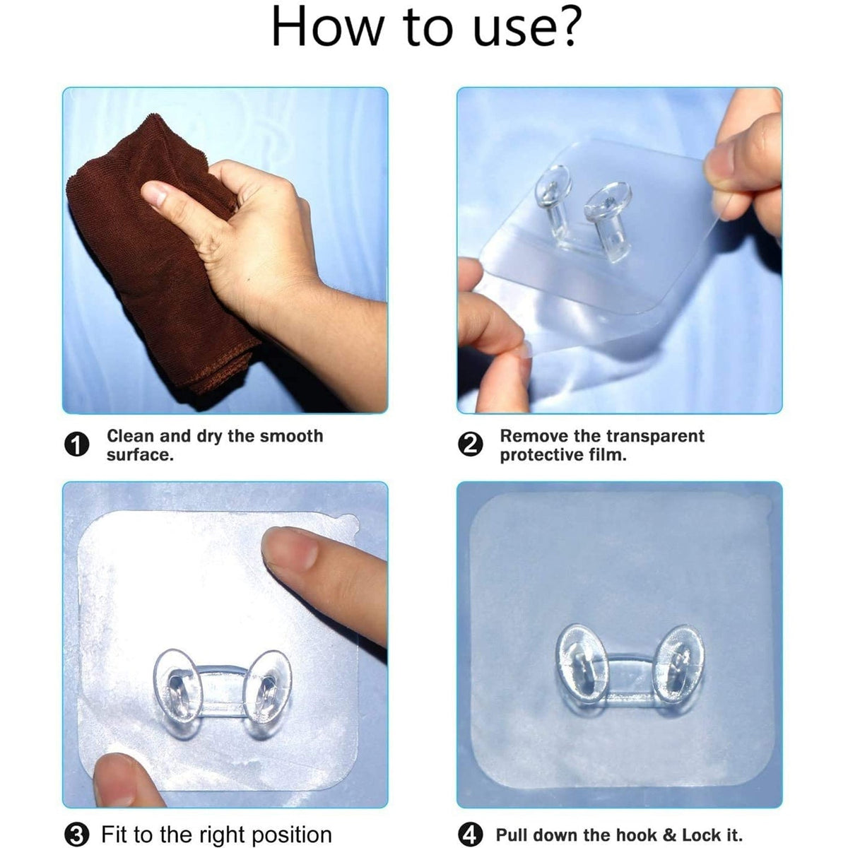 Detailed view of the strong adhesive backing of the transparent wall hook on a tiled surface.