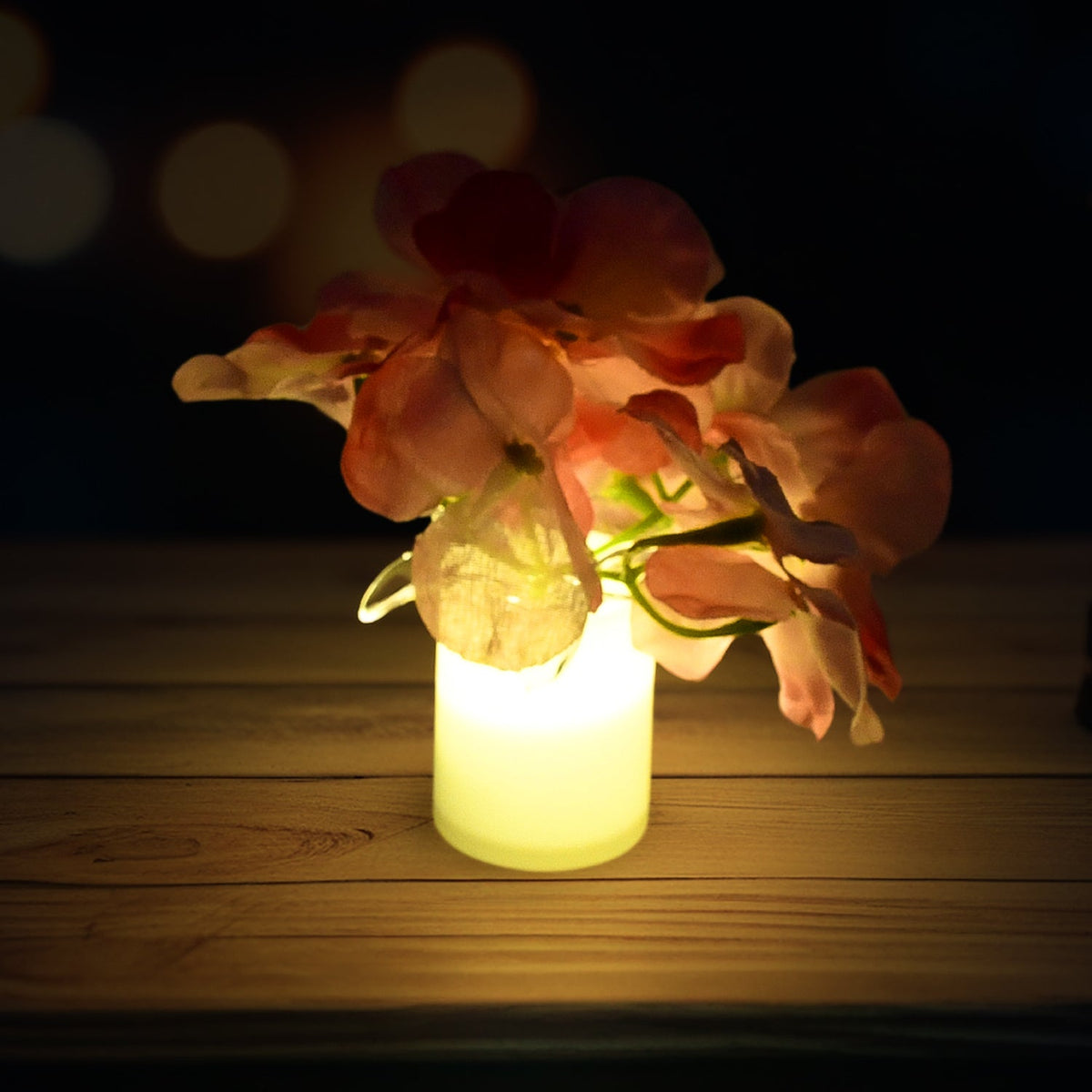 Detailed view of the battery-powered LED flower lamp, highlighting its compact and portable design.