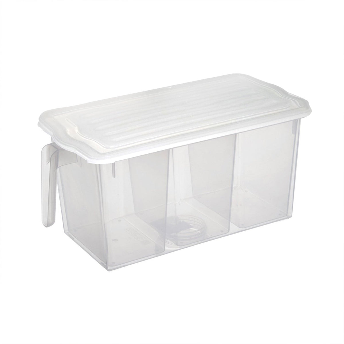 Airtight refrigerator storage box with internal dividers for various items.