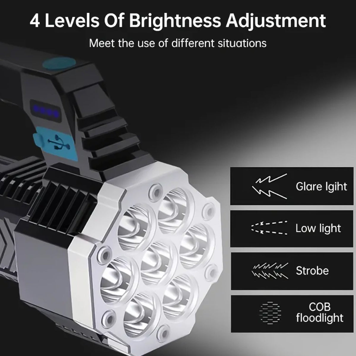 Multi-mode rechargeable LED flashlight illuminating a dark outdoor scene.