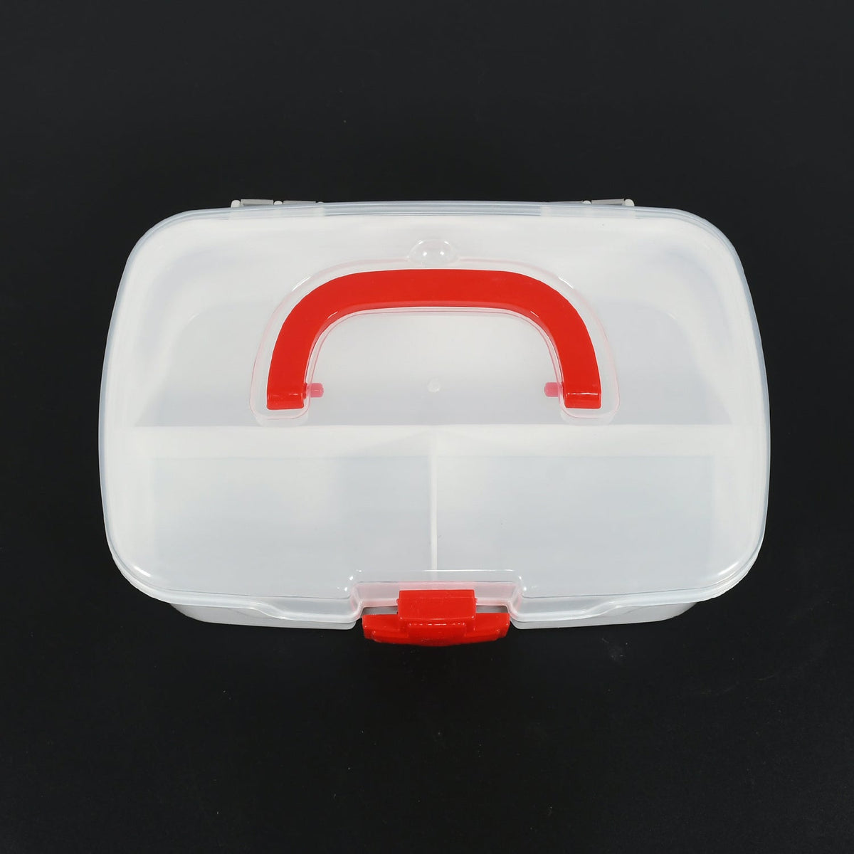 Detail shot of the carrying handle and secure latch mechanism on the portable first aid kit box.
