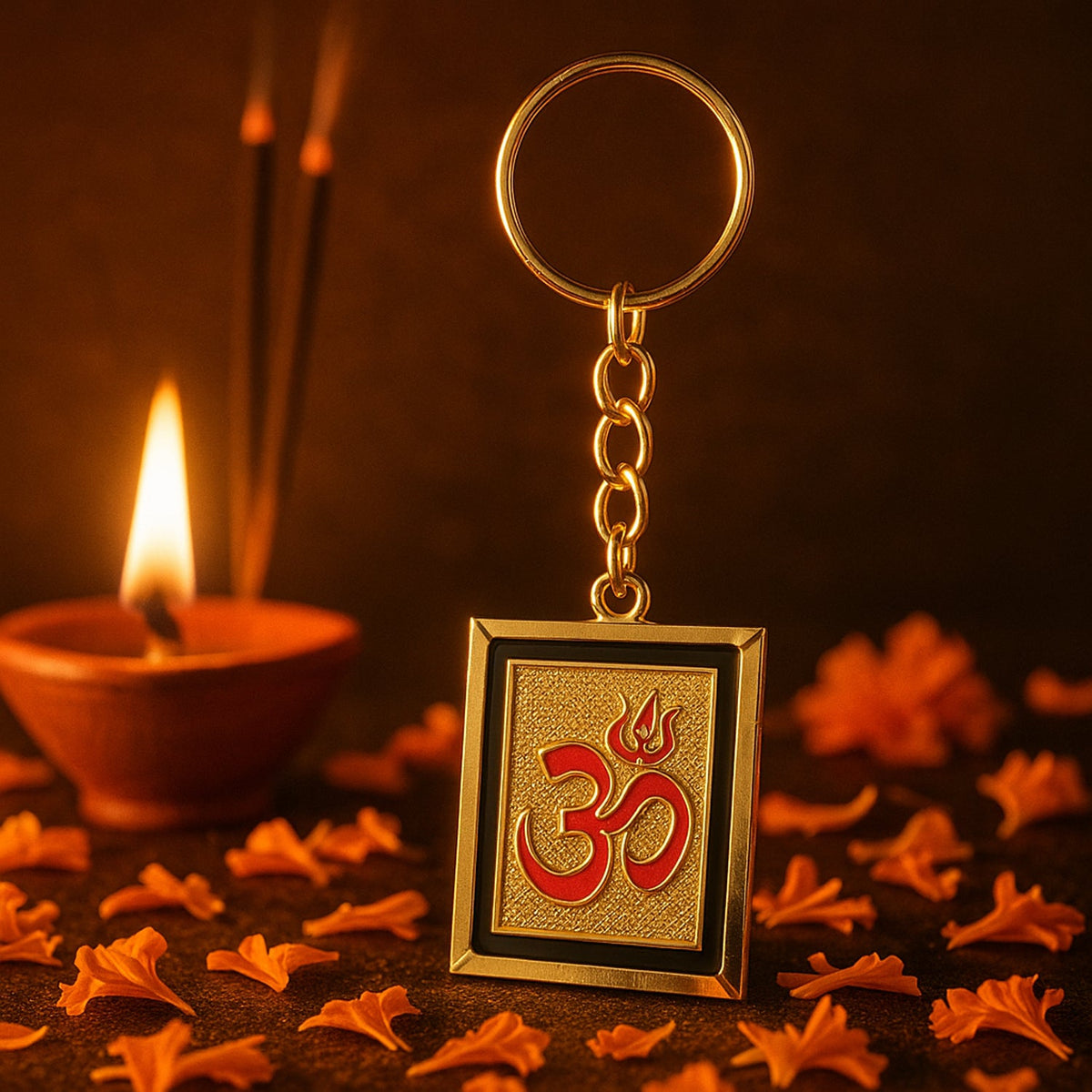 Detailed golden finish on Om Trishul metal keychain accessory