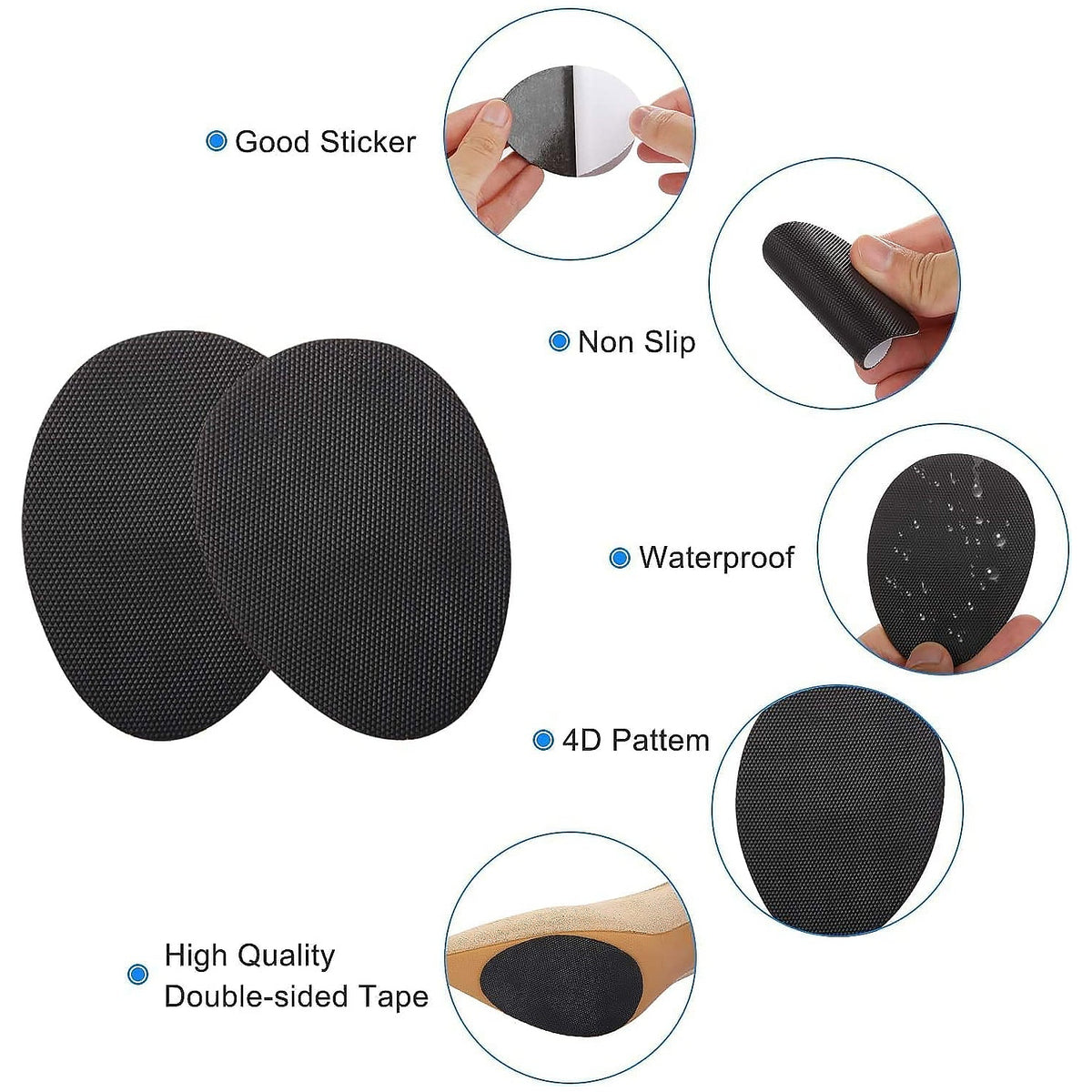 Underside view of a shoe showing the textured rubber anti-slip shoe stickers providing secure traction.