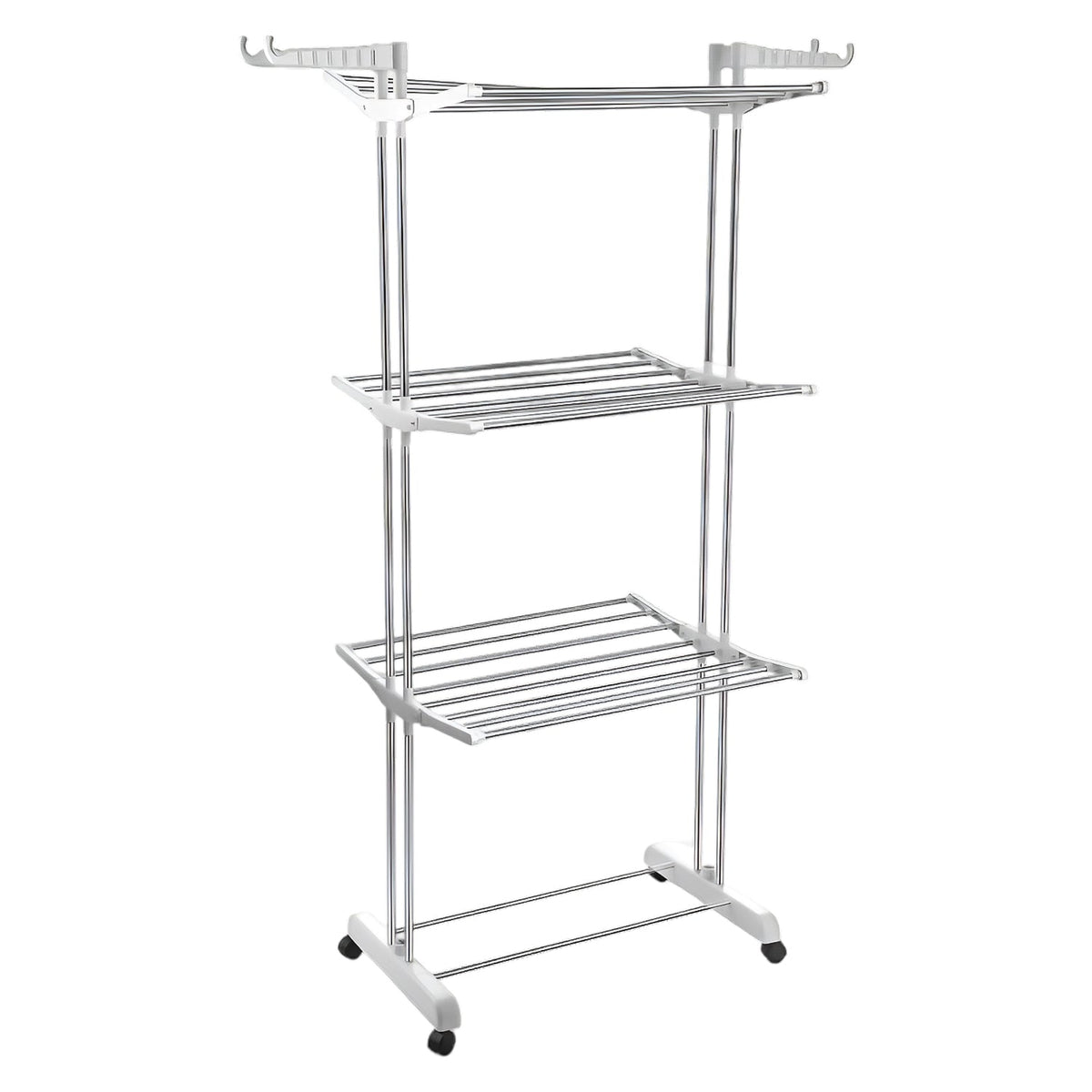 The 3-tier stainless steel drying rack with wheels, fully loaded with laundry.