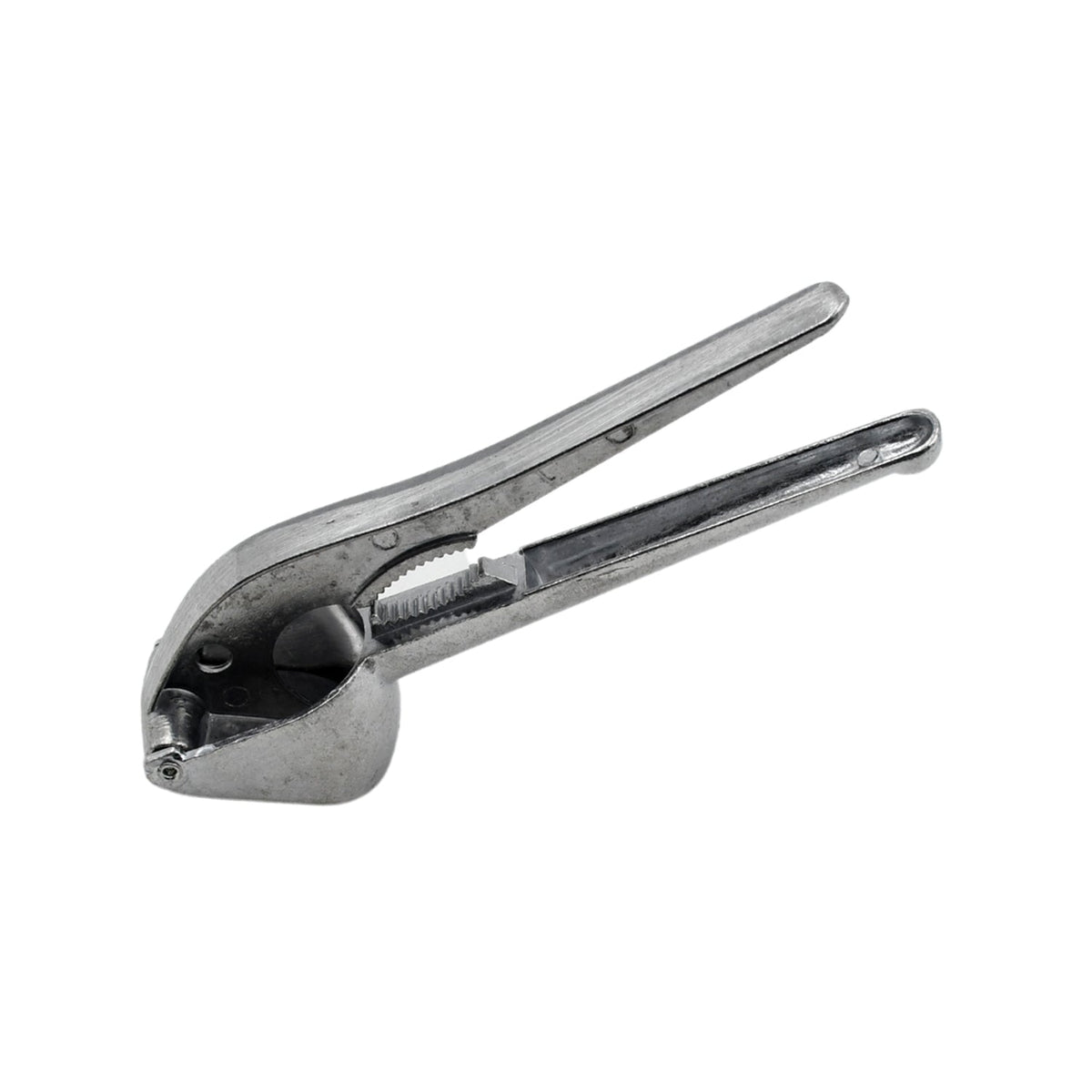 Easy-to-clean aluminum garlic press, suitable for dishwasher use.