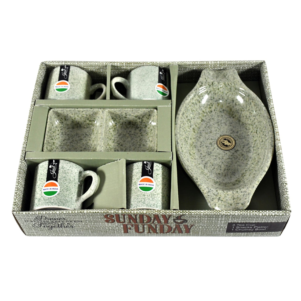 The full Ceramic Snack & Tea Set beautifully arranged on a table with snacks, highlighting its utility for entertaining.
