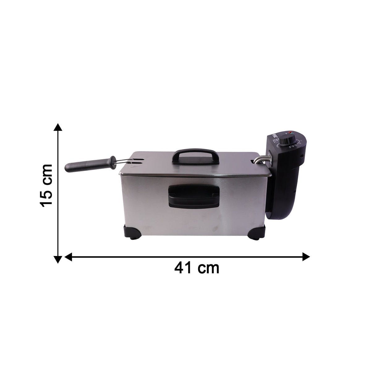 Temperature control knobs and indicator lights on Orbit deep fryer
