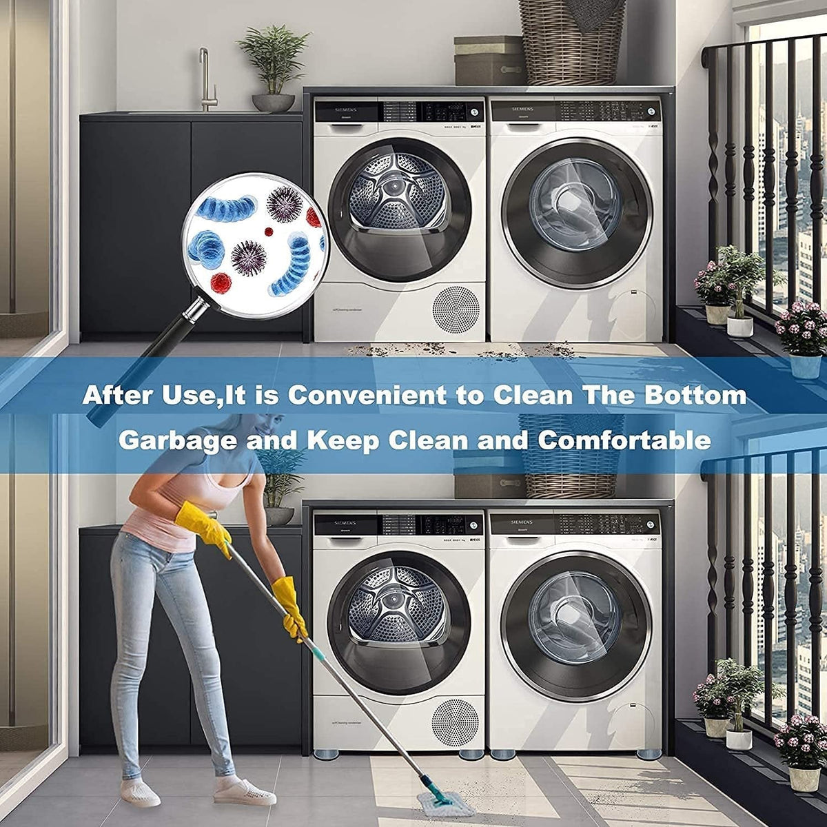 Noise reducing suction cup pads creating a quieter laundry experience.