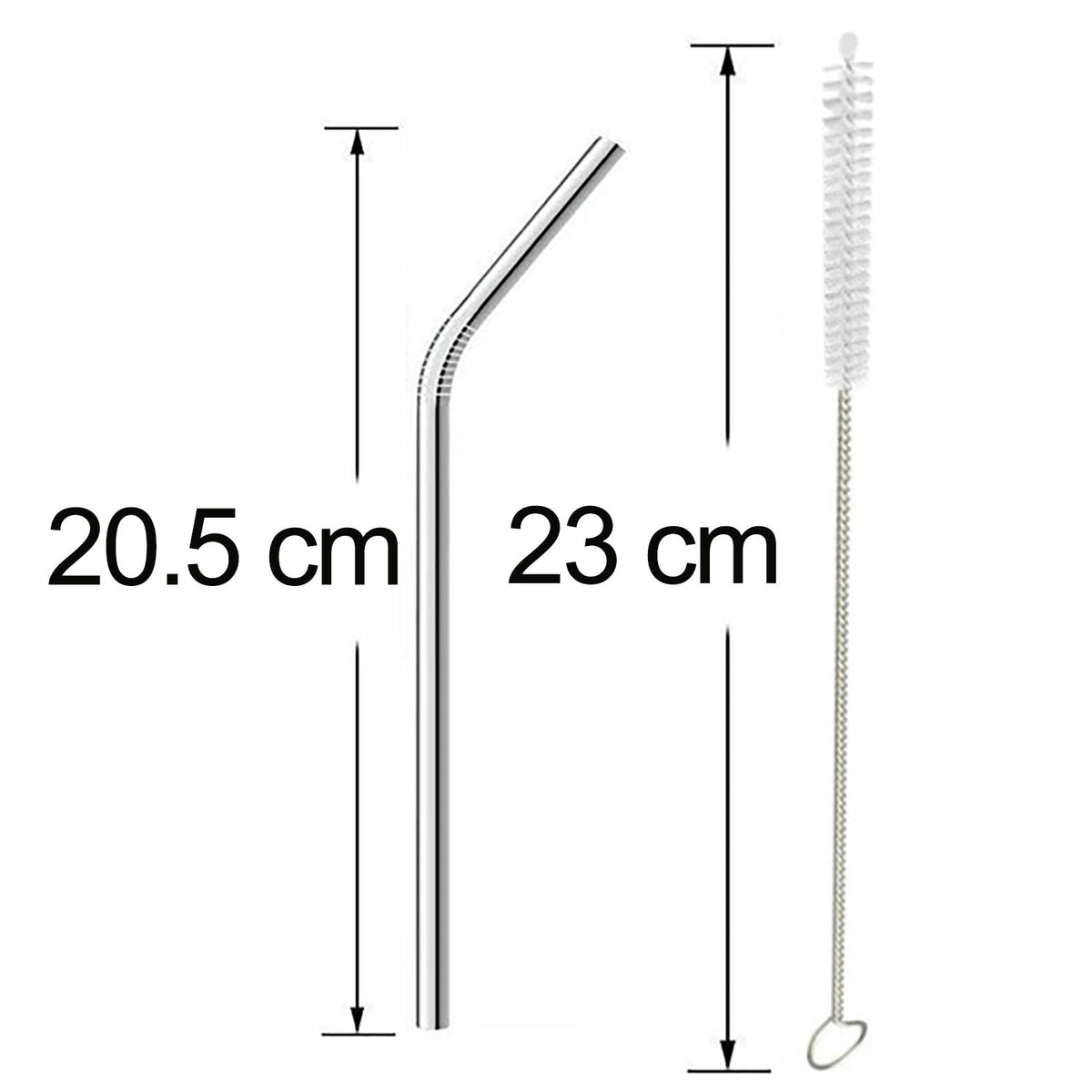 Four shiny bent metal straws and a cleaning brush laid out for inspection.