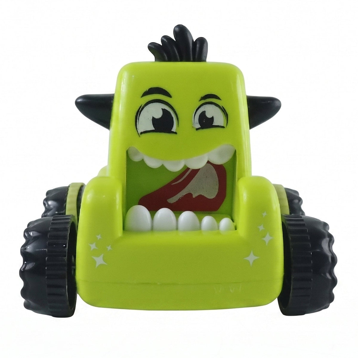 Bright yellow cartoon monster mini car toy displayed on a clean white background.