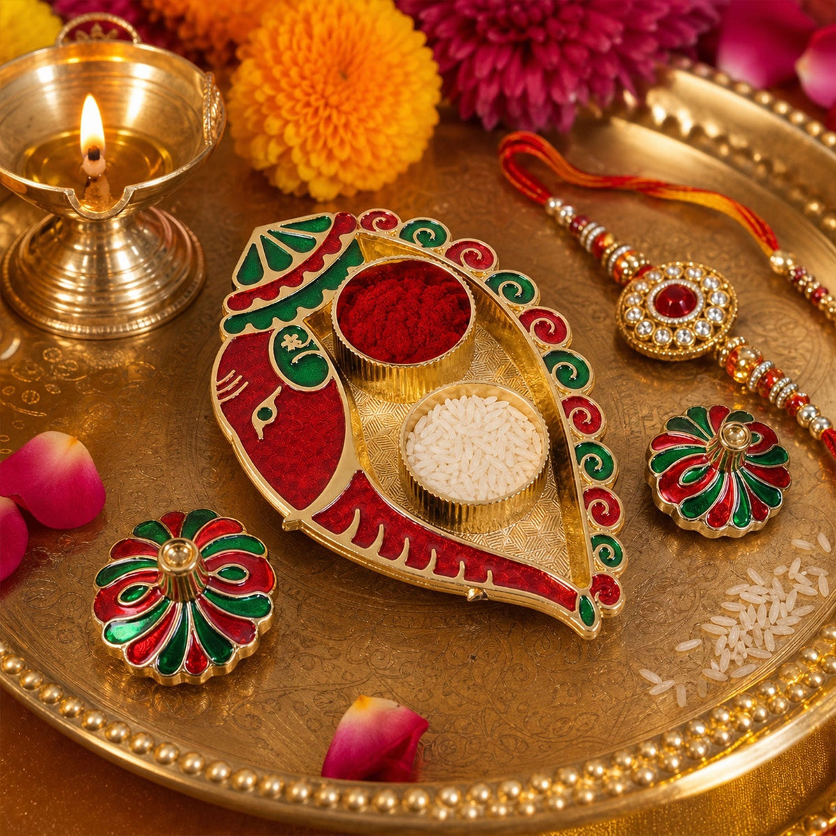 Leaf shaped kumkum holder with twin compartments and enamel work