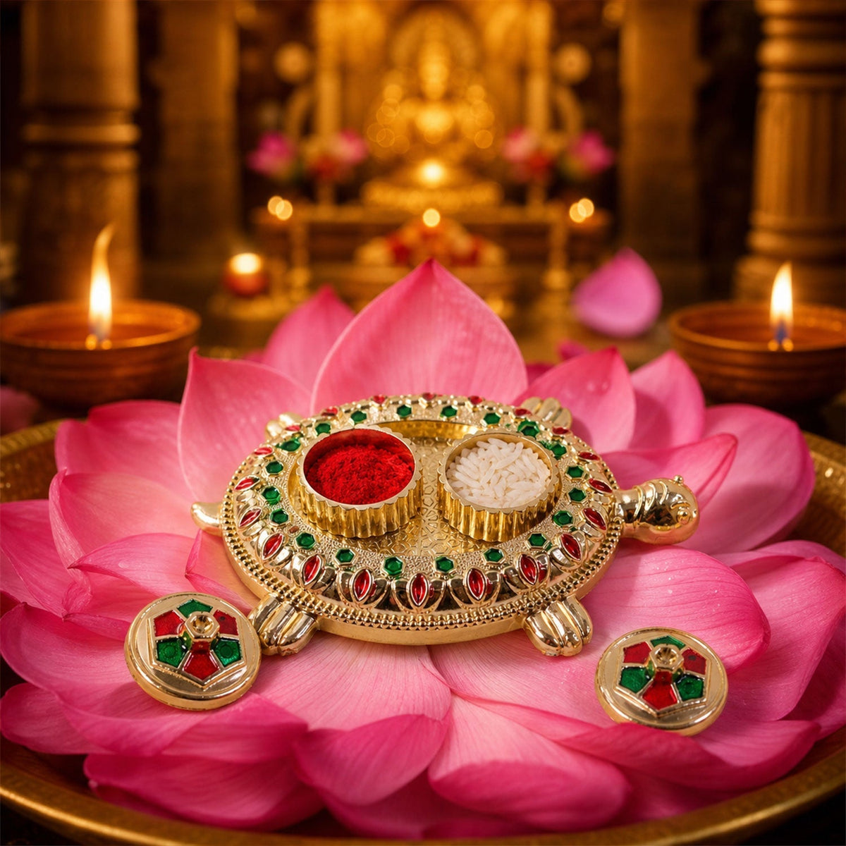 Decorative tortoise-shaped kumkum holder with jewel work