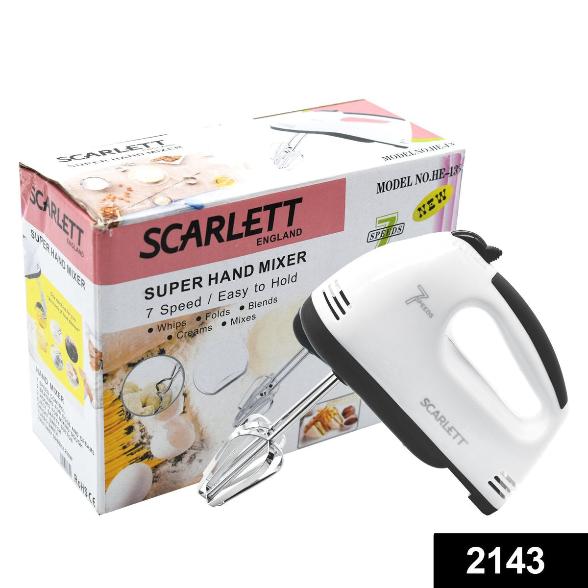 Compact 7-speed hand mixer with dough hooks and beaters displayed.