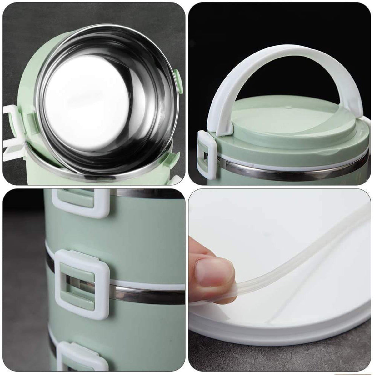 Top-down view of the multi-layer stainless steel tiffin box, ready for packing.