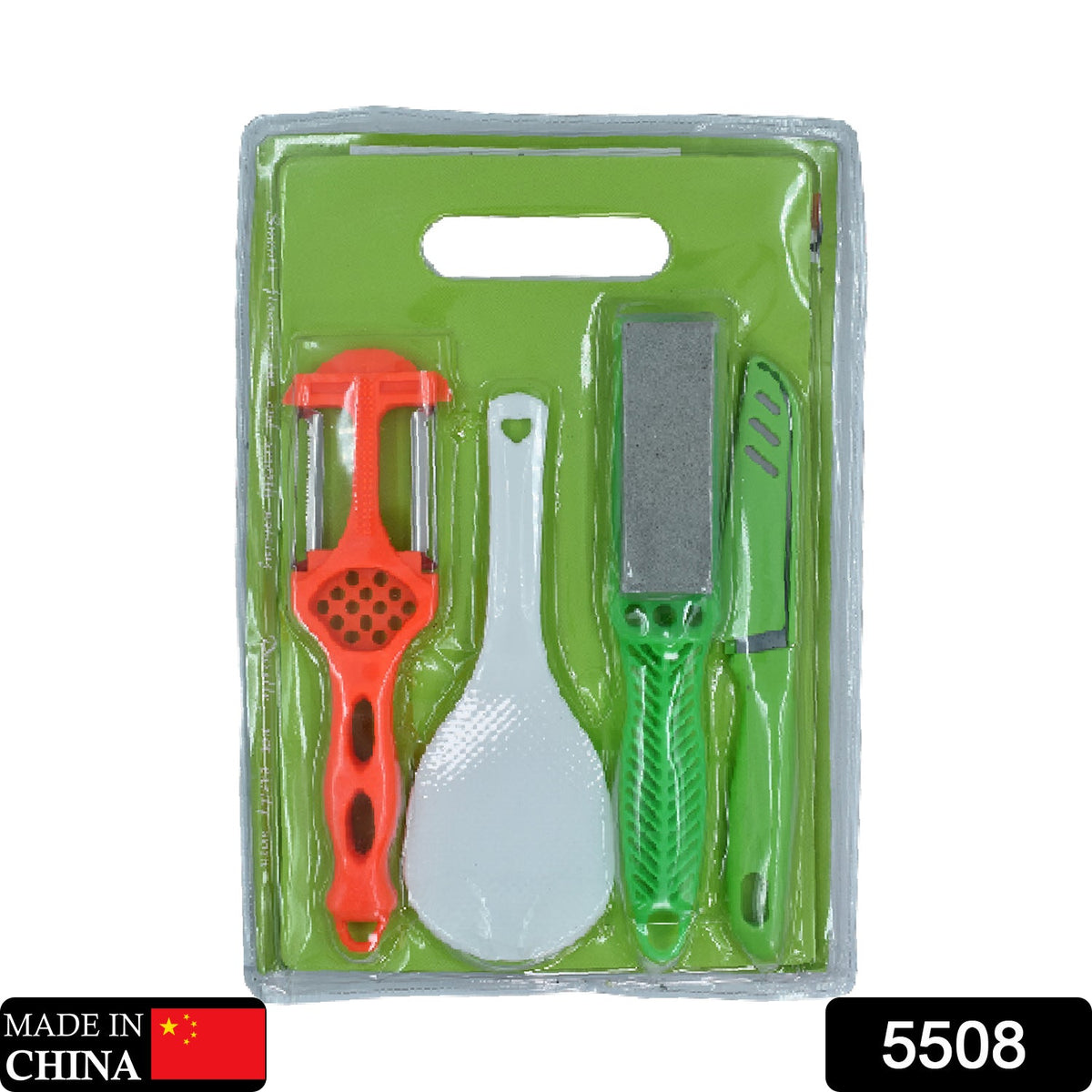Complete kitchen tool set featuring a plastic cutting board and stainless steel knives.