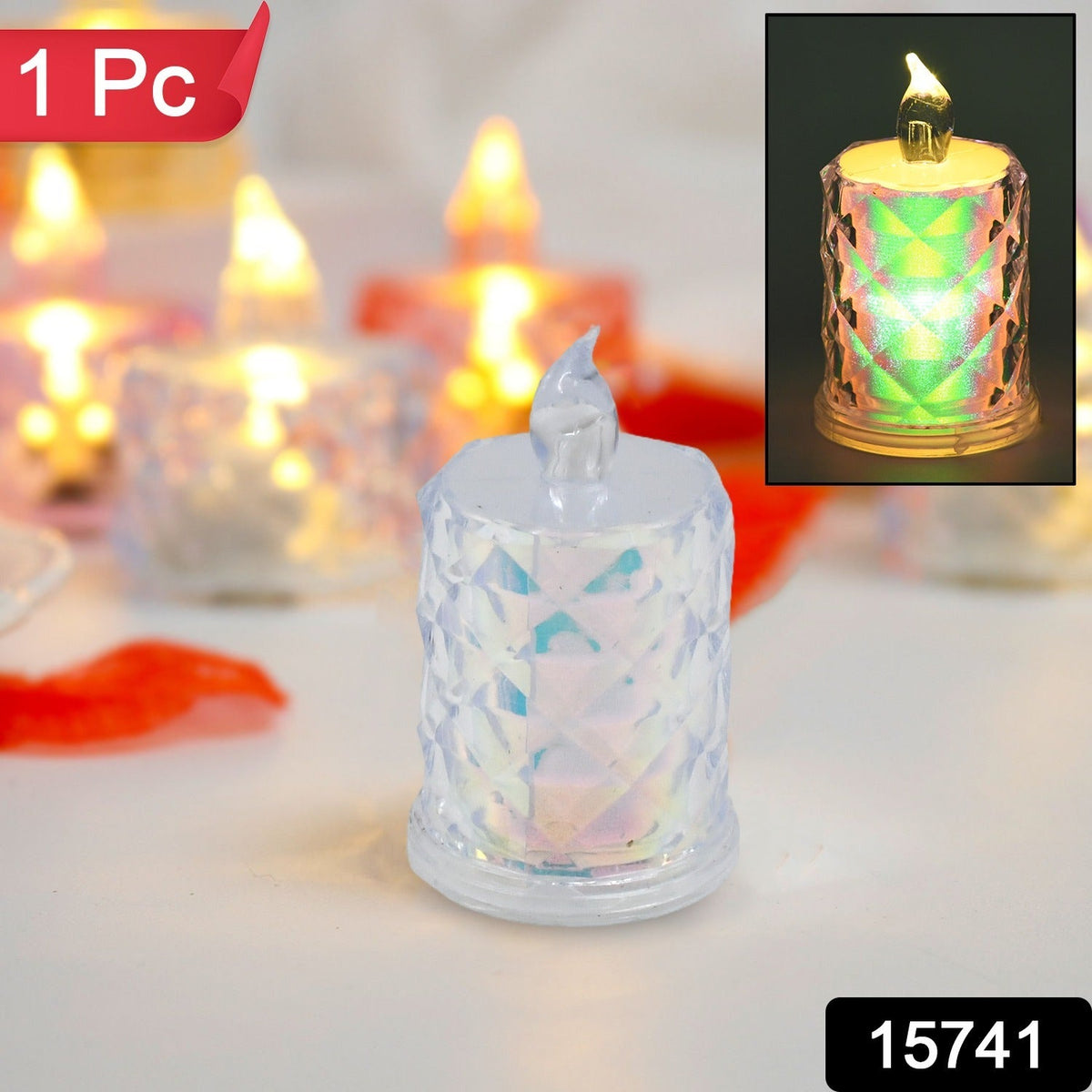 Close-up of a flameless LED tealight candle, ideal for Diwali decorations and safe use.