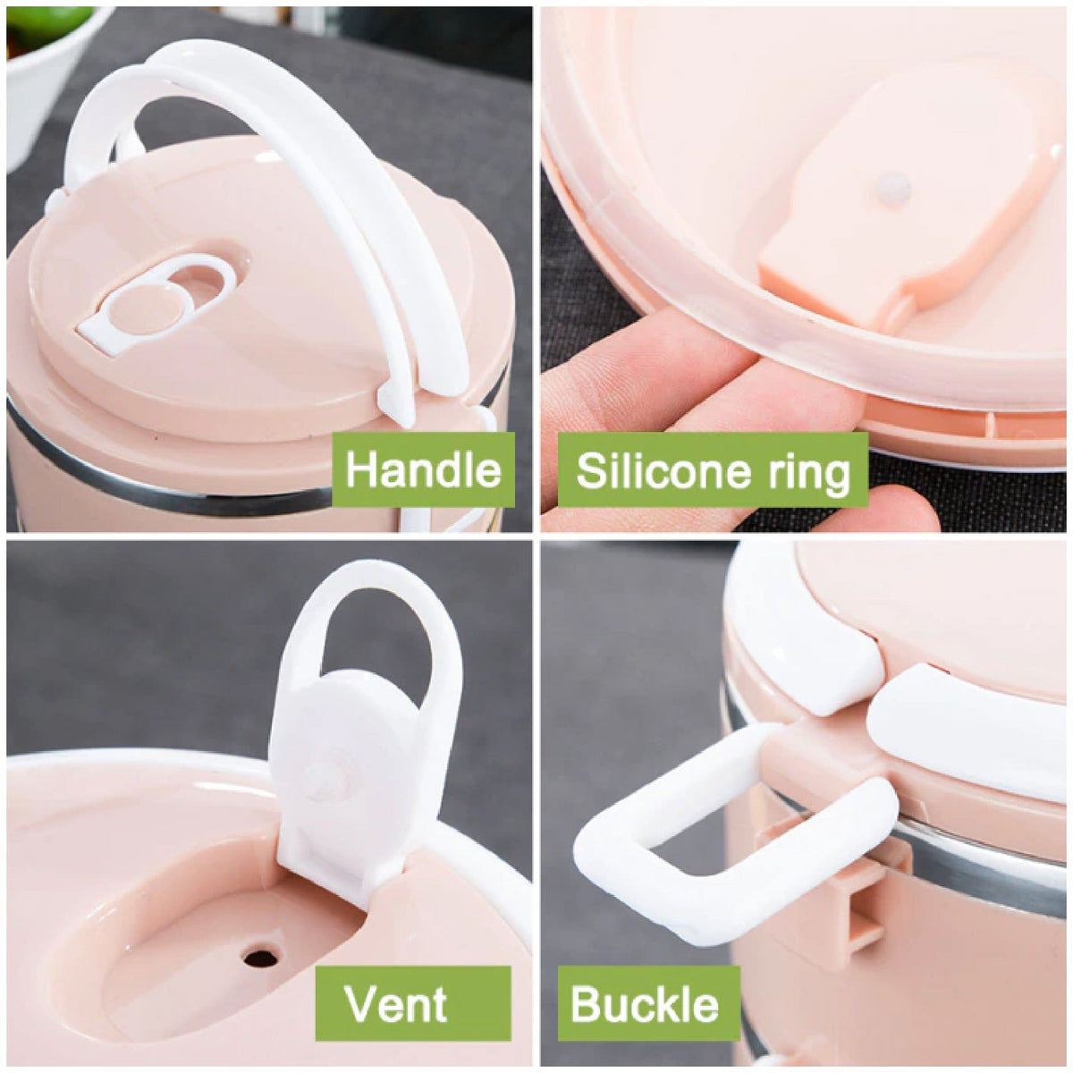 Stainless steel lunch box designed to keep food warm for hours.