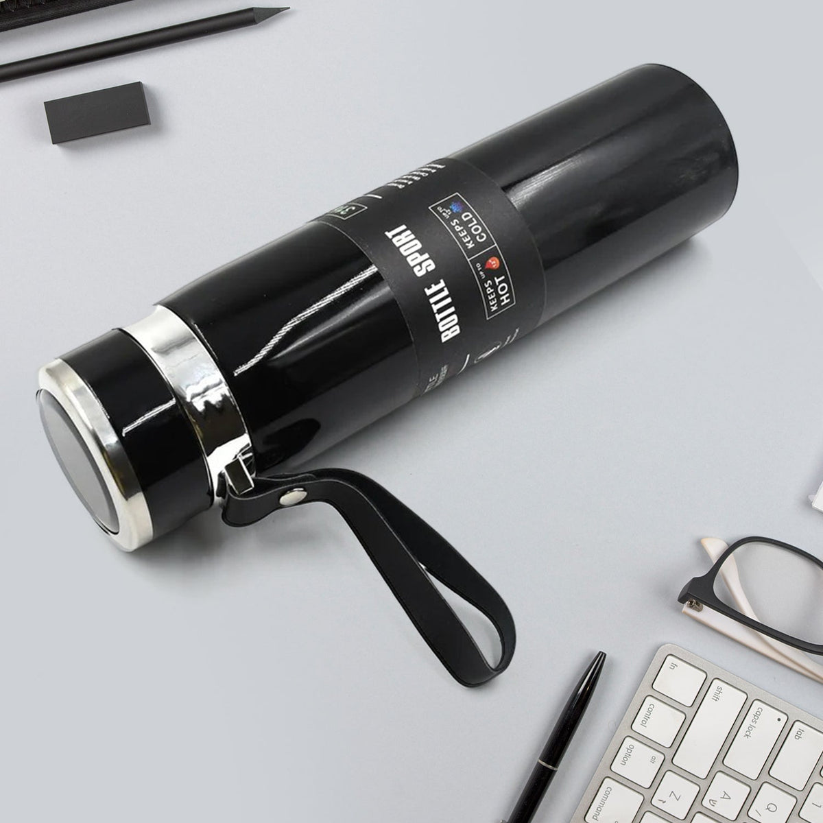 Sleek silver vacuum insulated water bottle, 1000ml, ideal for daily hydration.