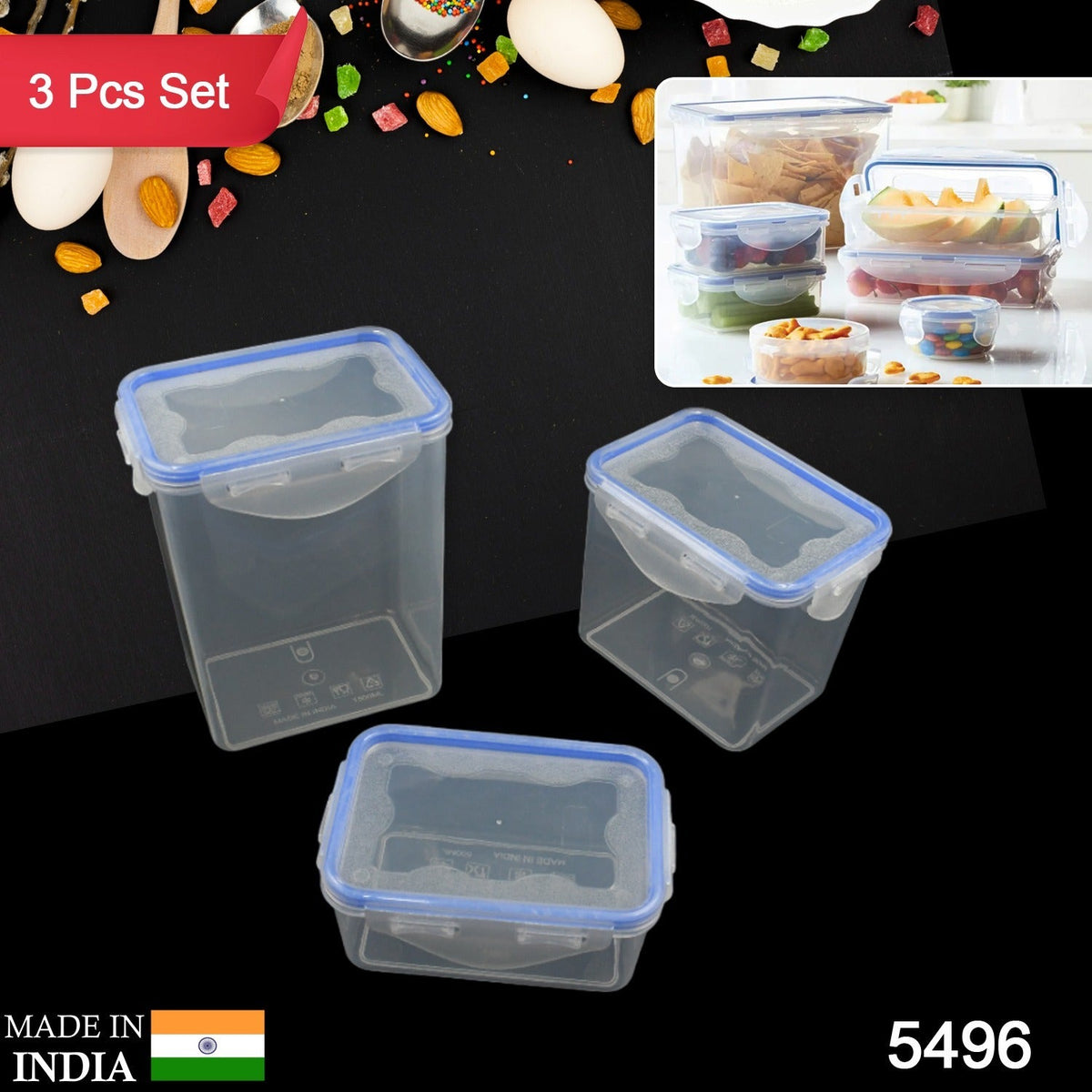 Food-grade plastic containers shown with various dry fruits and spices inside.