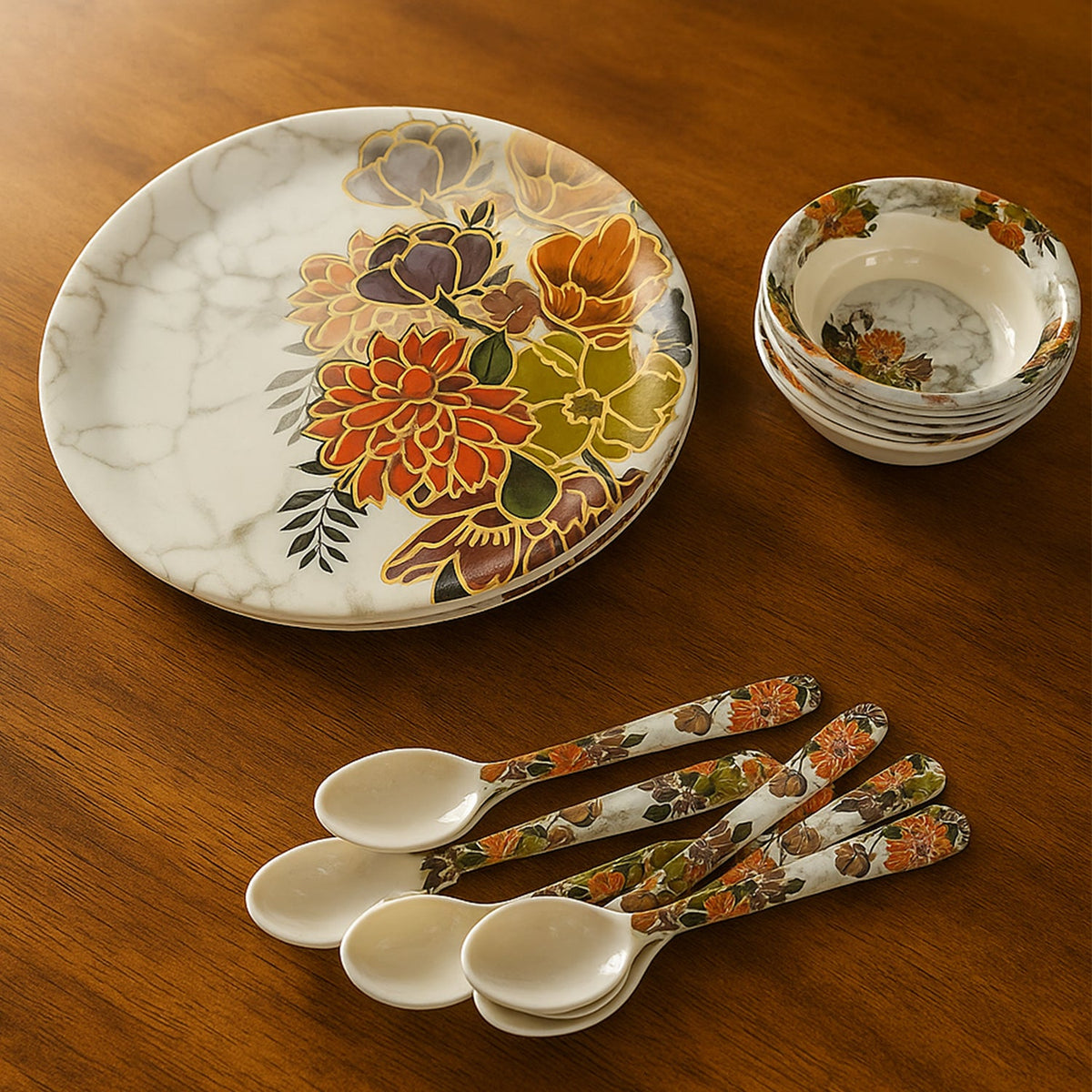 18-piece plastic dinner set with floral design, showing plates, bowls, and spoons.