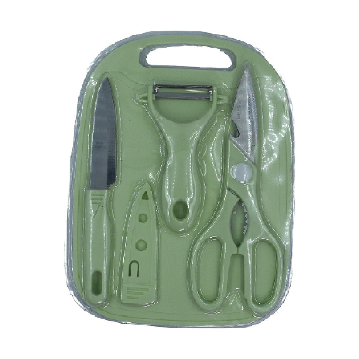 Multipurpose kitchen cutting board with integrated knife and scissor storage.