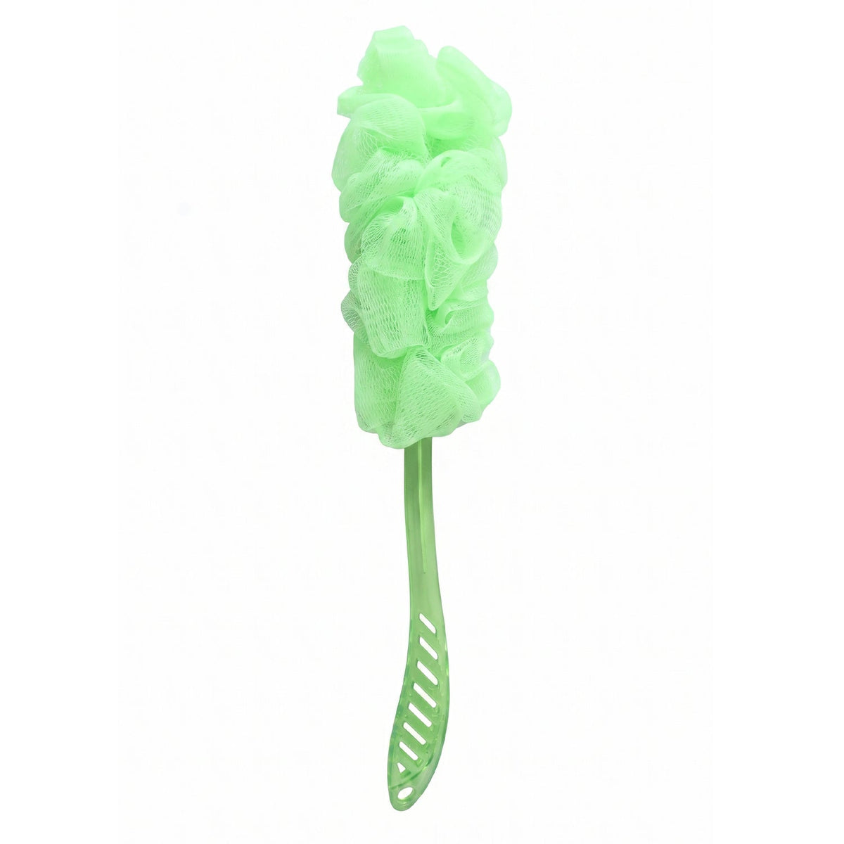 Ergonomically designed handle of the bath loofah brush for comfortable use.