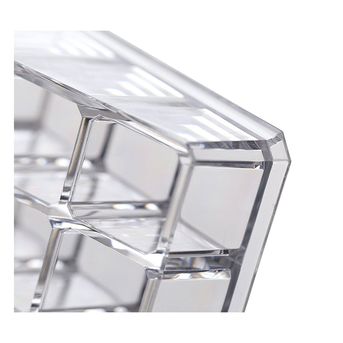 Clear acrylic display stand for cosmetics with 24 compartments, emphasizing its practical use for daily makeup.