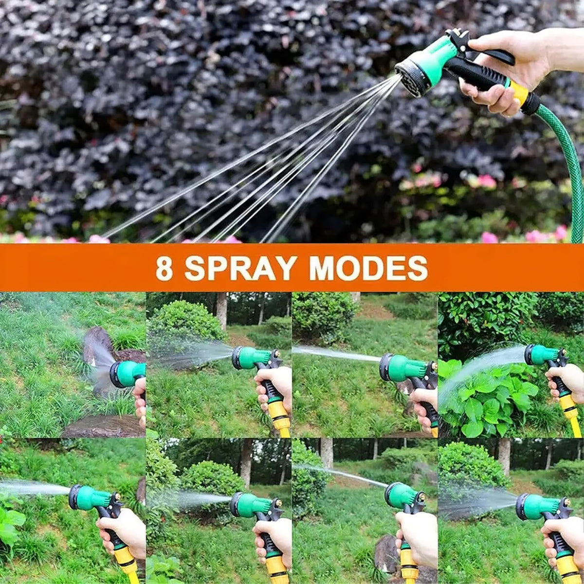 Watering gun demonstrating multi-pattern spray function for lawn care