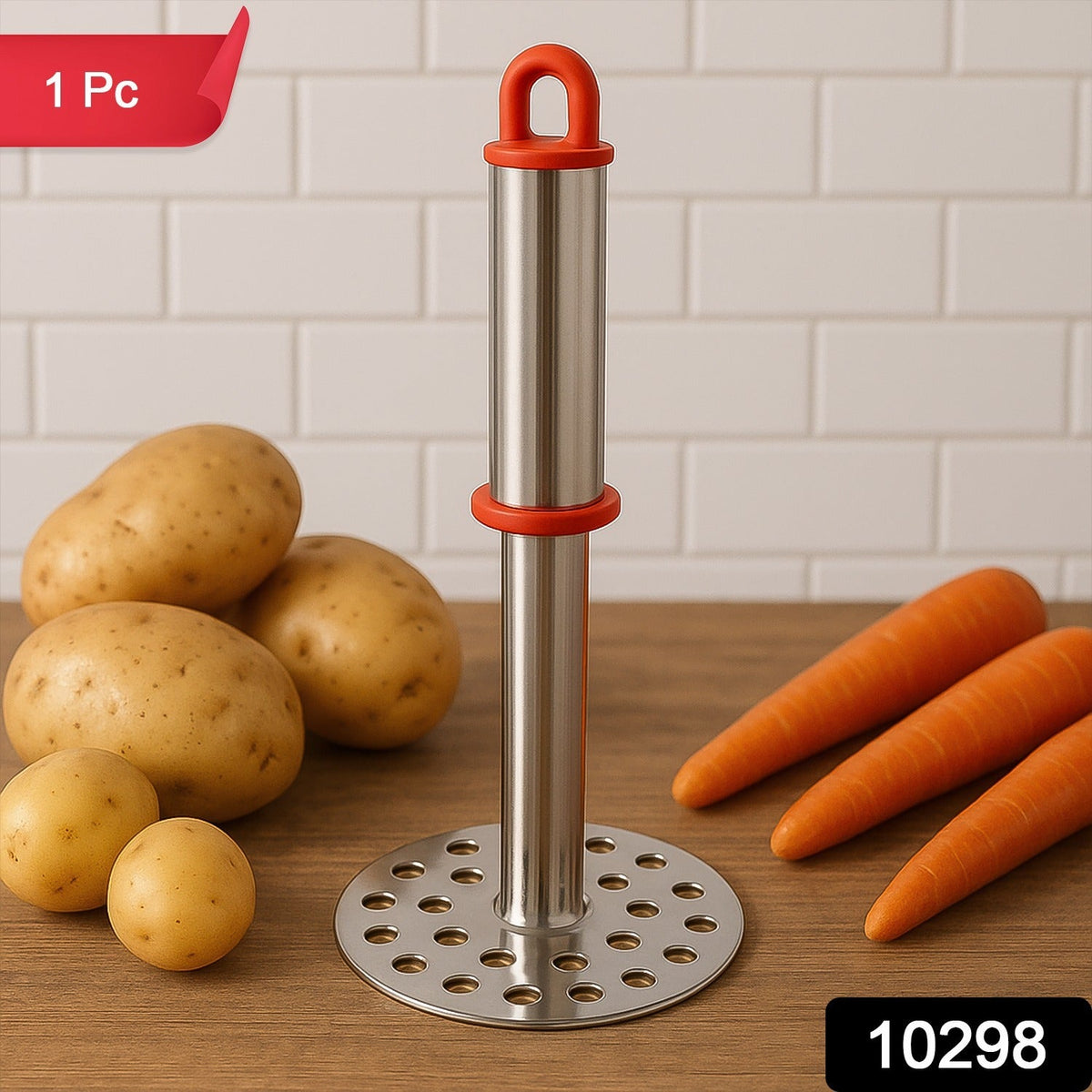 Potato masher mashing cooked potatoes in a bowl for smooth texture
