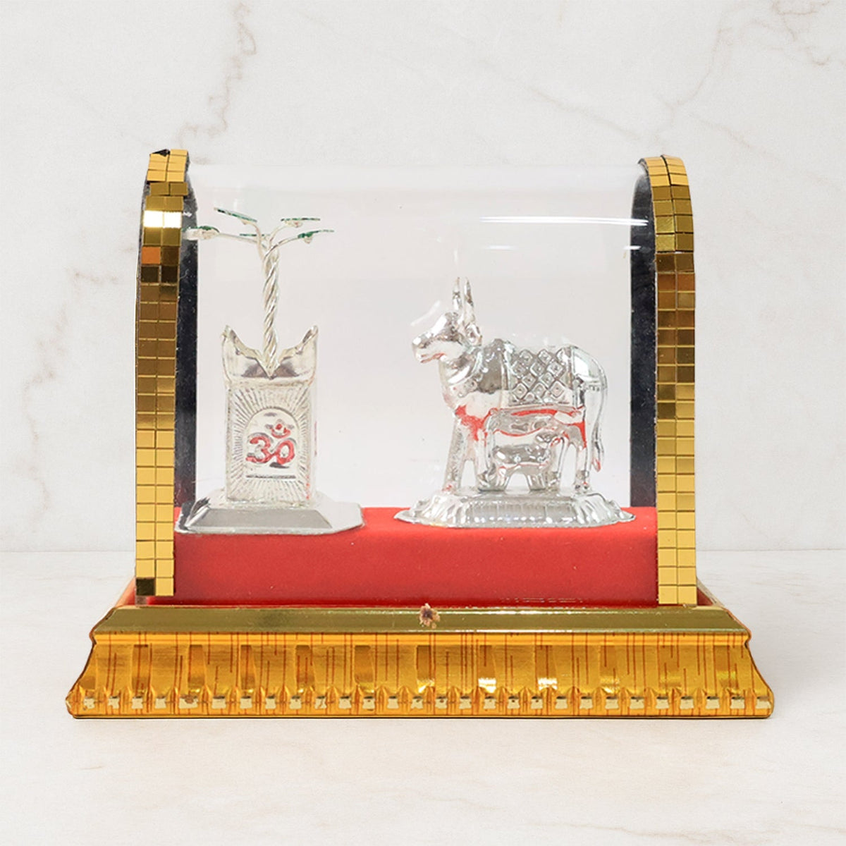 Kamdhenu cow and calf idol with Tulsi plant in transparent acrylic case